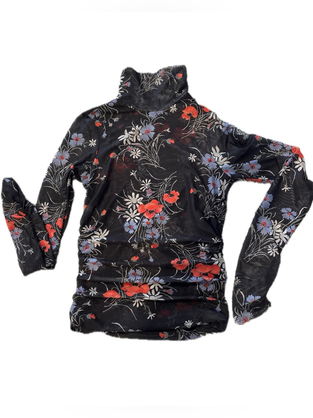 cinq a sept Black Floral Mock-Neck Long Sleeve Top with Red & Blue Blooms